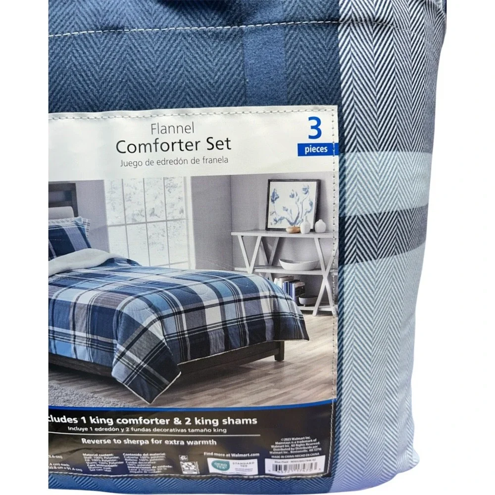 Mainstays Flannel Comforter Set King Blue Plaid Sherpa 3 Piece